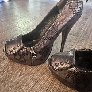 Iron Fist Metallic Pewter Studded Peep-Toe Platform Heels